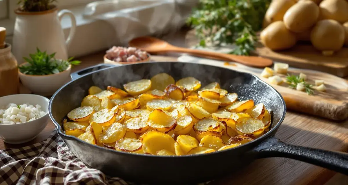 Heiß dampfende Bratkartoffeln in der Pfanne, ein Klassiker für jedes Bratkartoffeln Rezept. Dazu frische Kräuter und Speck.