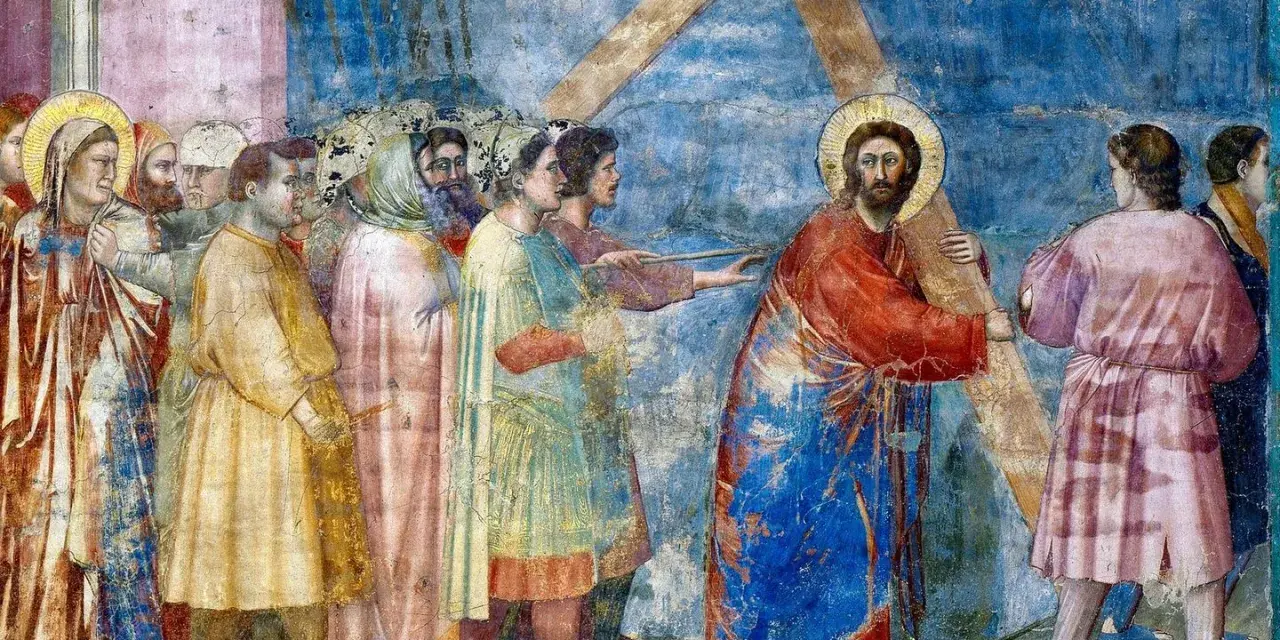 Jesus trägt sein Kreuz, eine Szene aus der jesus geschichte. Eine Gruppe von Menschen begleitet ihn, einige mitfühlend, andere gleichgültig.