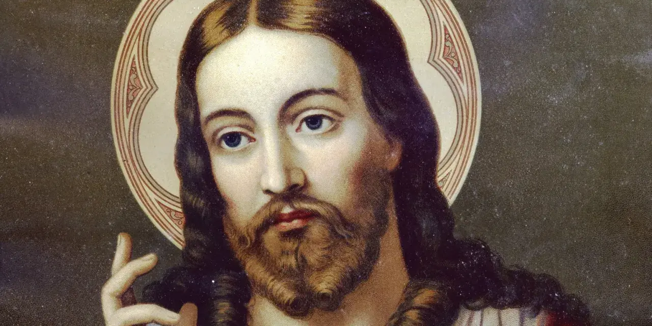 Porträt Jesu Christi mit Heiligenschein, der die Frage "wer ist Gott" in sich trägt.