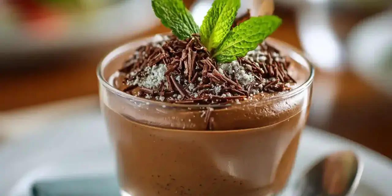 Délicieuse recette mousse au chocolat à l'ancienne, garnie de copeaux de chocolat et d'une touche de menthe fraîche. Un dessert onctueux et gourmand.