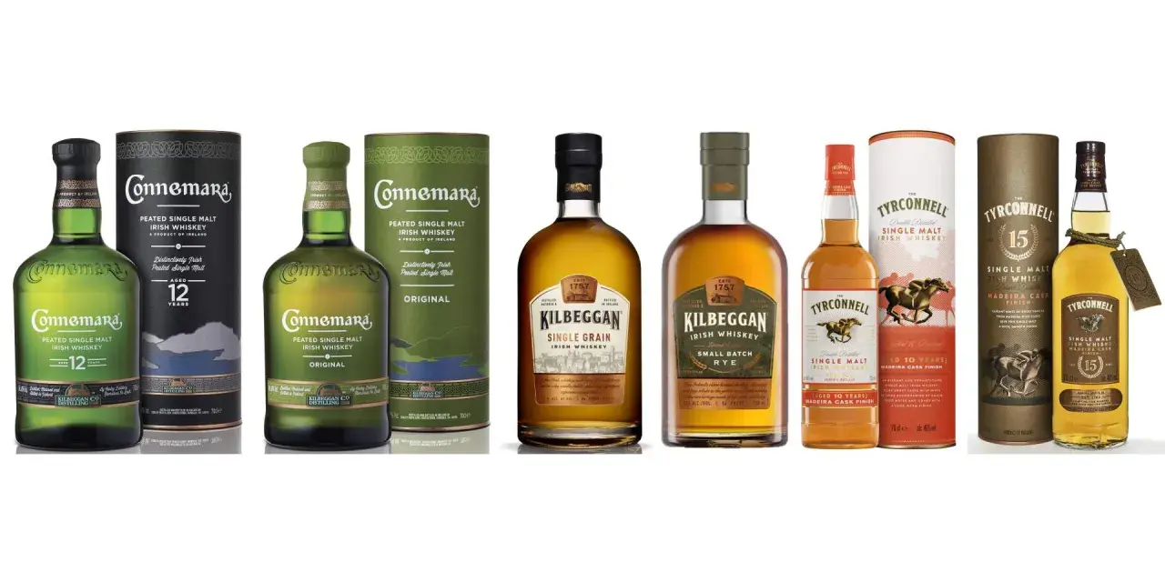 Verschiedene irische Whiskey Sorten: Connemara Peated Single Malt (12 Jahre & Original), Kilbeggan Single Grain & Small Batch Rye, The Tyrconnell Single Malt (Madeira Cask Finish, 15 Jahre).