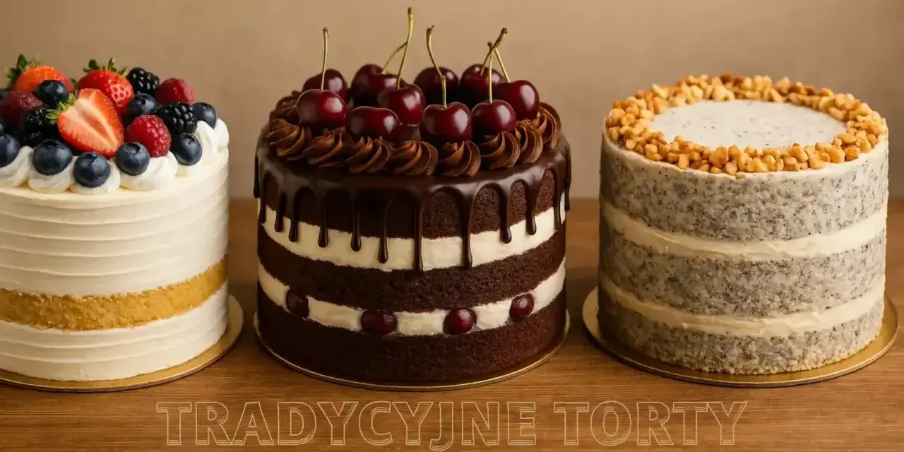 Trzy torty: owocowy, czekoladowy z wiśniami i makowy z orzechami. Idealne życzenia na 50 urodziny!