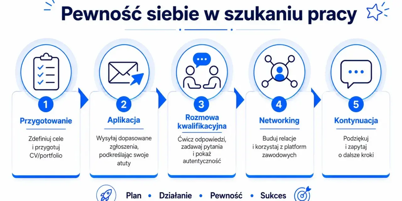Schemat jak budować pewność siebie w szukaniu pracy: przygotowanie, aplikacja, rozmowa, networking, kontynuacja. Plan, działanie, pewność, sukces.