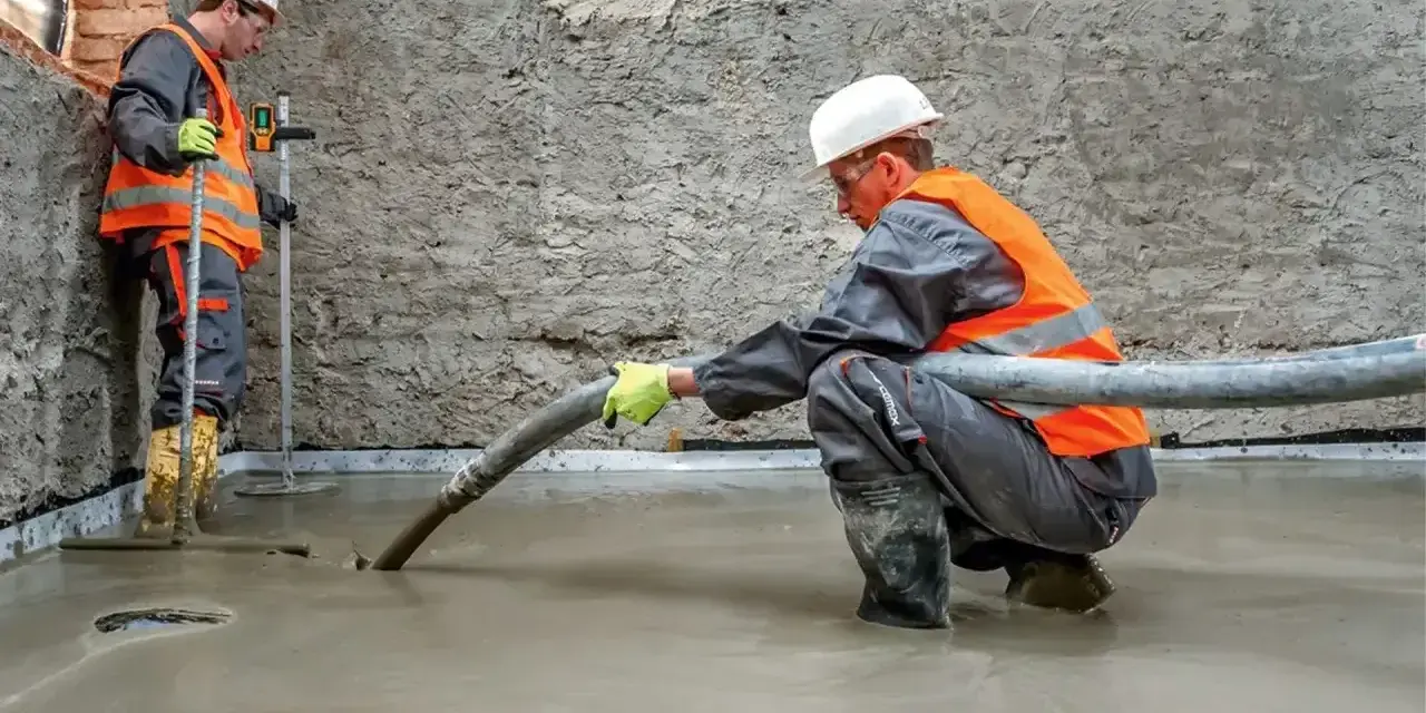 Dwóch budowlańców w kamizelkach odblaskowych wylewa pianobeton. Jeden kieruje wężem strumień materiału, drugi kontroluje poziom.