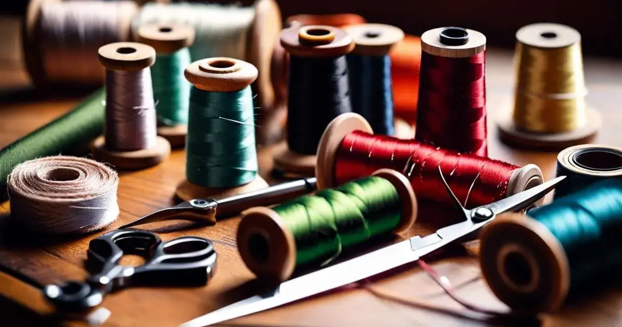 Bobines de fil colorées, ciseaux et une règle pour couture, prêts pour un projet créatif.