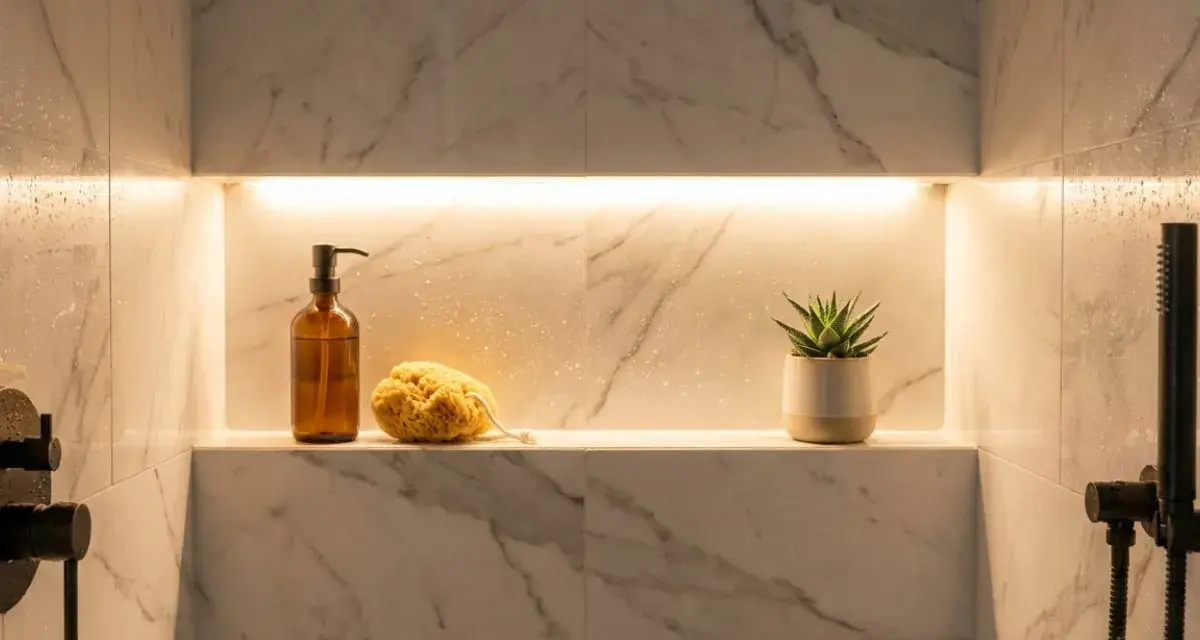 Une niche dans la salle de bain, éclairée par une lumière douce, présente une bouteille de savon, une éponge naturelle et une petite plante verte.