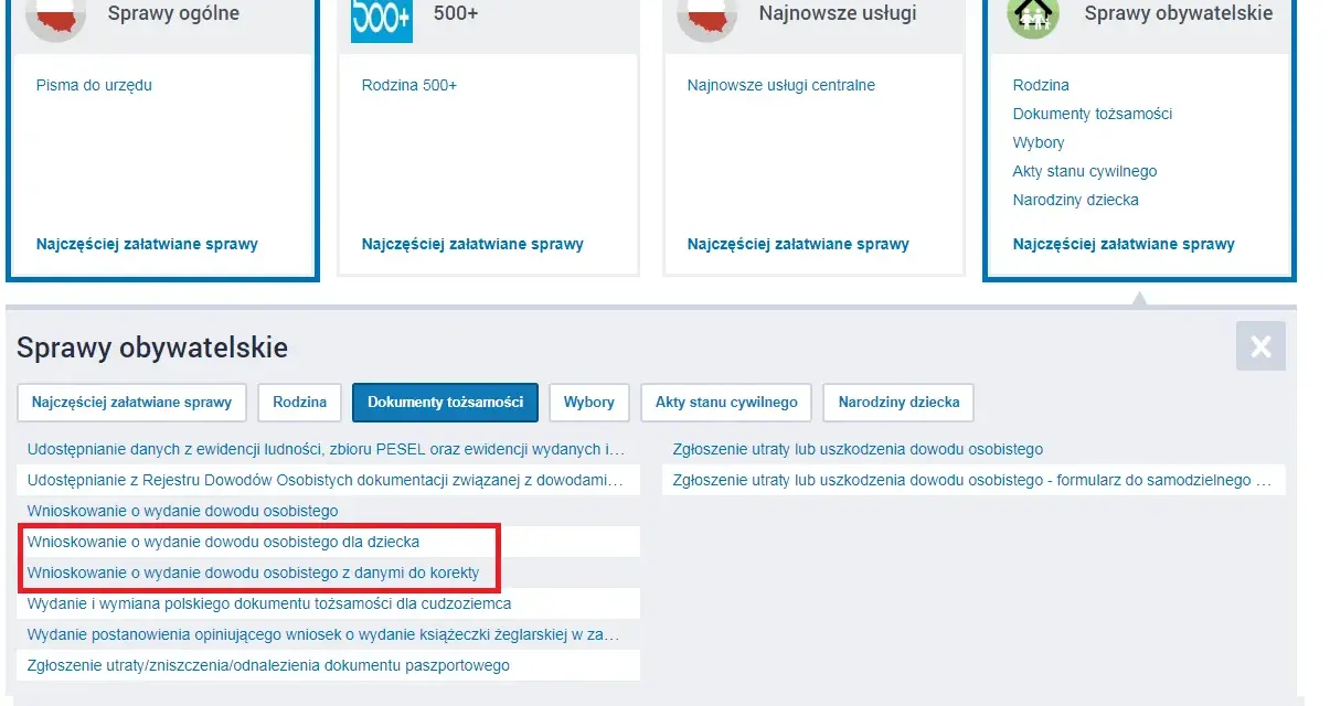 Wnioskowanie o wydanie dowodu osobistego dla dziecka online. Sekcja "Sprawy obywatelskie" zawiera opcję wnioskowania o dokument dla dziecka.