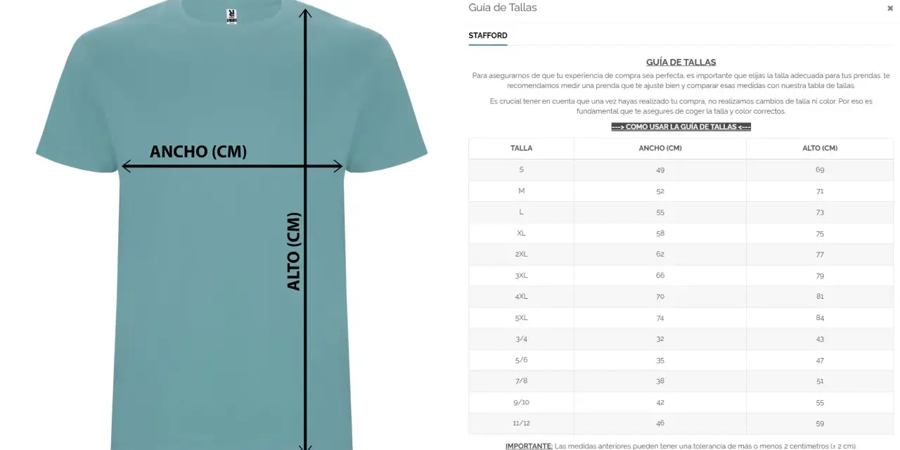 Guía de tallas para una blusa Stafford, mostrando cómo medir el ancho y alto en centímetros.