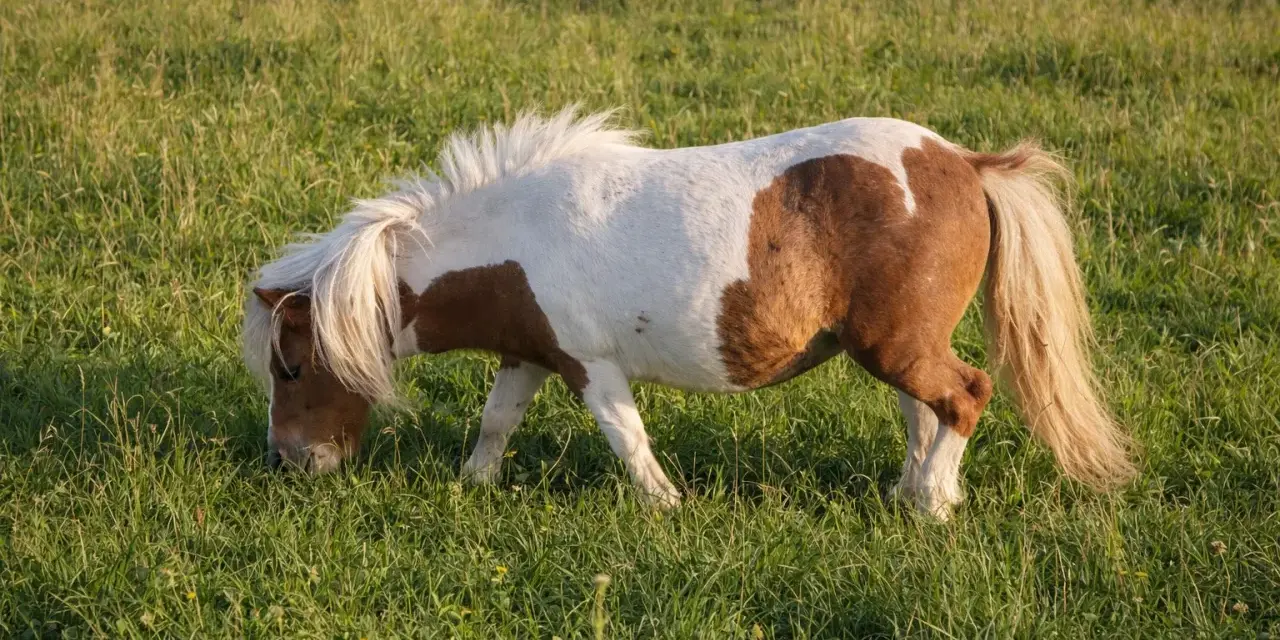 Poney Shetland pie, en pleine fourbure dans une prairie verdoyante. Sa crinière blanche flotte au vent tandis qu'il broute paisiblement.