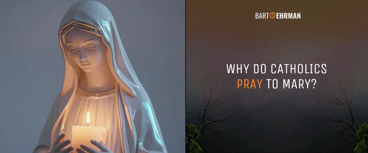 A statue of Mary holds a candle, with text asking "Why do Catholics pray to Mary?