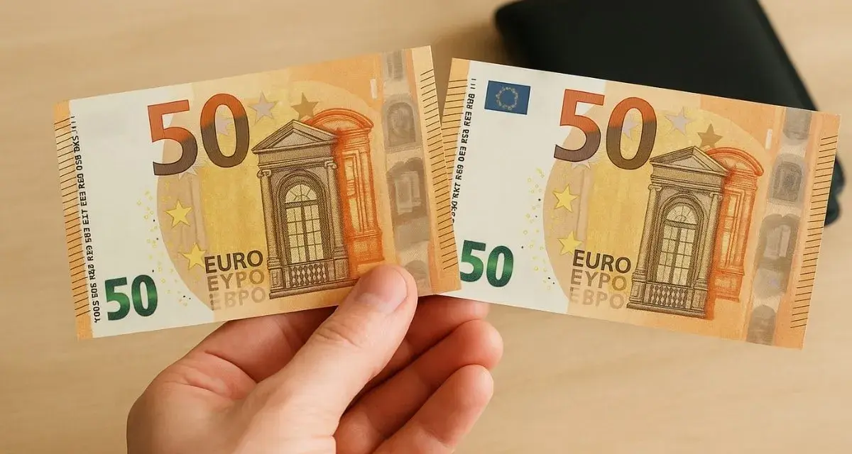 Une main tient deux moitiés d'un billet de 50 euros, prêt à être reconstitué. Un portefeuille noir est visible en arrière-plan.