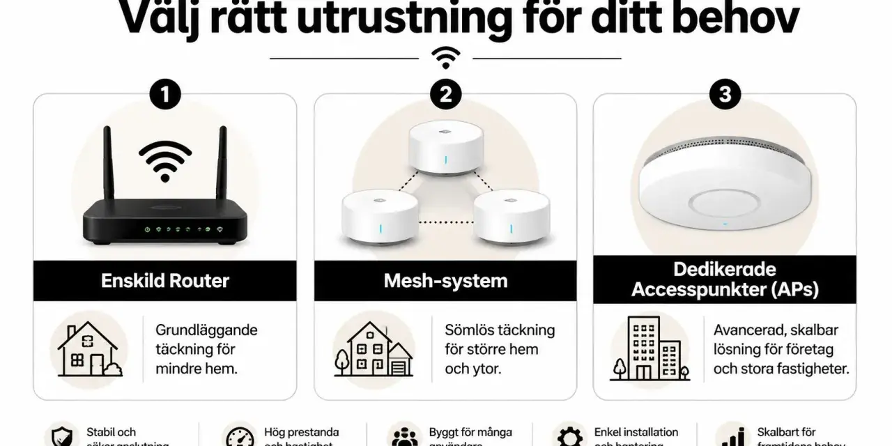 Bilden visar tre typer av nätverksutrustning: en router, ett mesh-system och dedikerade accesspunkter (APs). Varje typ beskrivs med sina fördelar, som grundläggande täckning för mindre hem, sömlös täckning för större ytor, eller avancerade, skalbara lö...