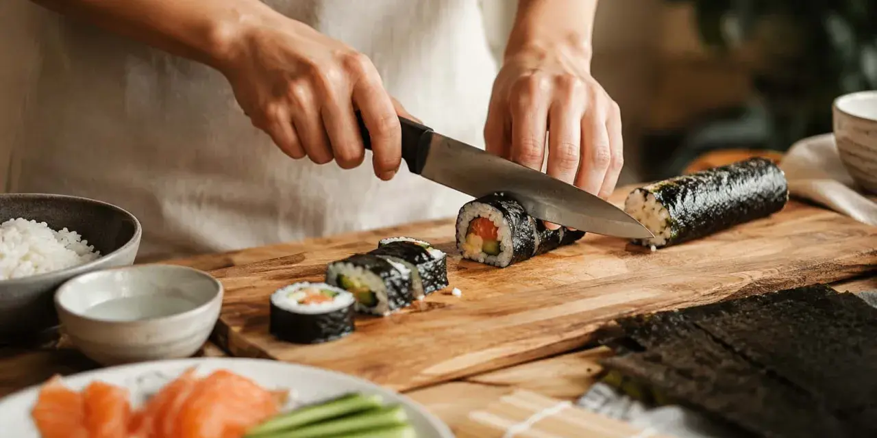 Oto jak się robi sushi: ręce kroją rolkę sushi na desce. Obok ryż, łosoś, awokado i ogórek.
