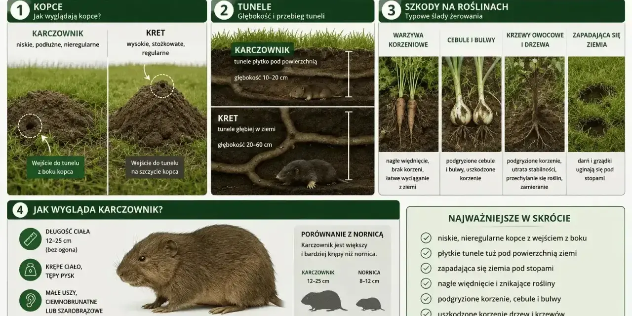 Karczownik w ogrodzie: niskie kopce, płytkie tunele, podgryzione korzenie warzyw i drzew. Zwierzę ma krępe ciało, tępy pysk i małe uszy.