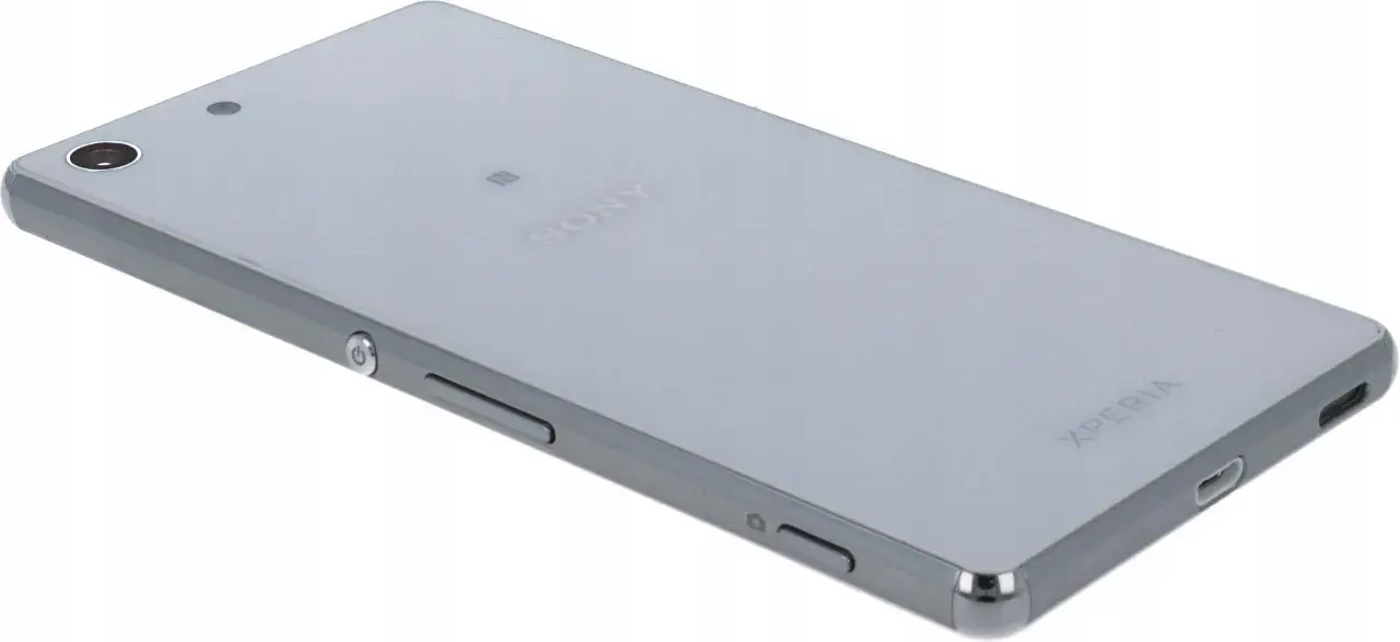 Srebrny smartfon Sony Xperia e5603 z widocznym obiektywem aparatu i logo producenta.