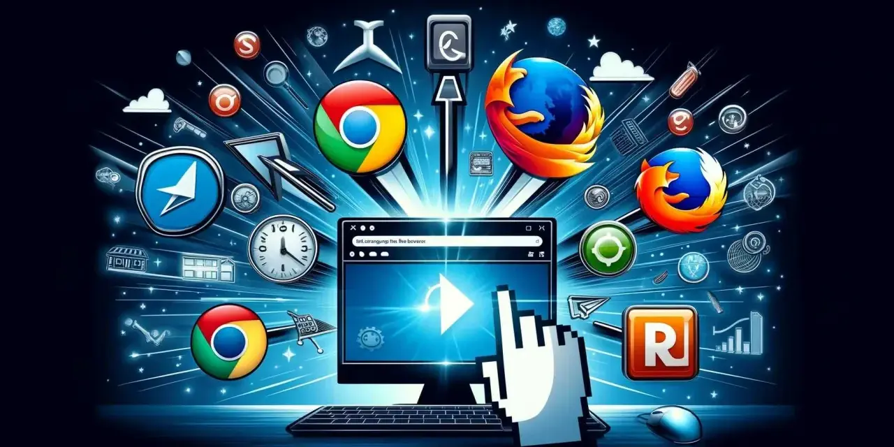Ikony przeglądarek internetowych (Chrome, Firefox) i komputer z kursorem myszy na tle sieci.