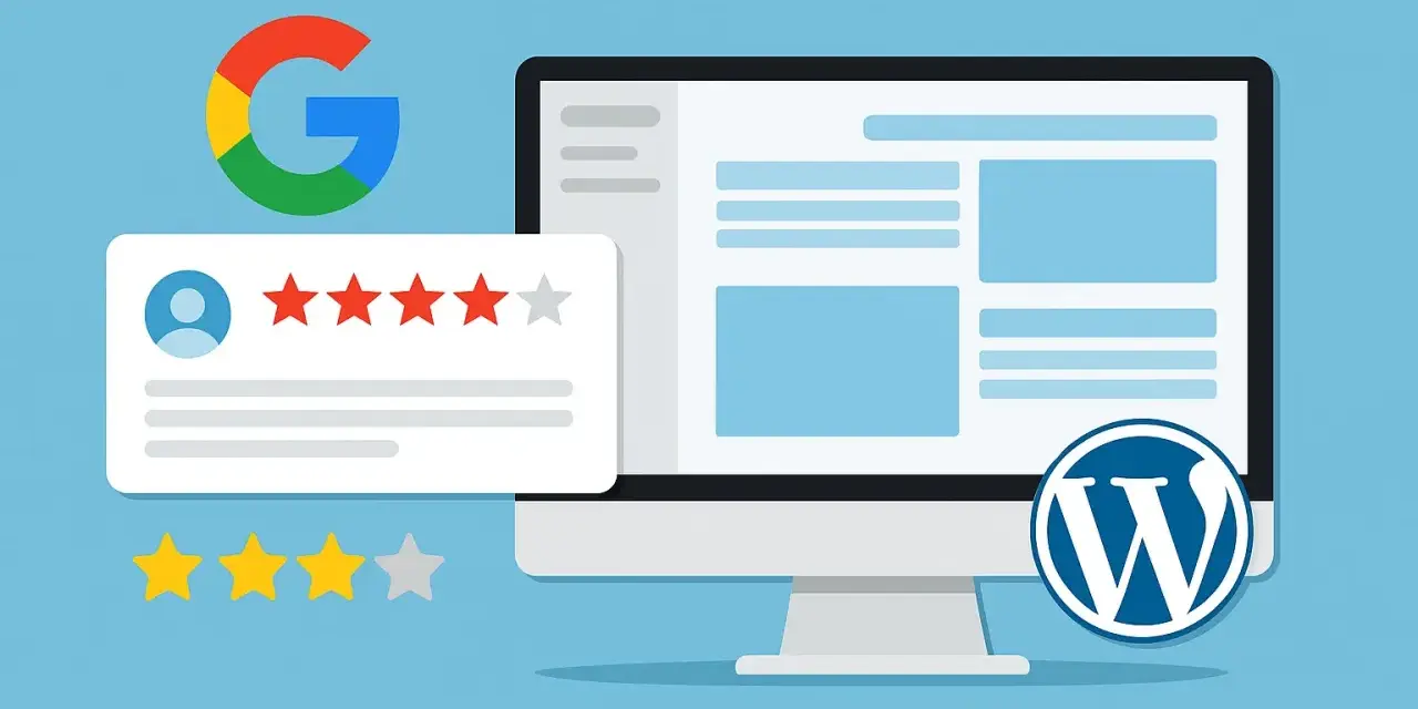 Un ordinateur affiche un site web WordPress. À côté, le logo Google et une bulle d'avis avec des étoiles, symbolisant un plugin WordPress avis Google.