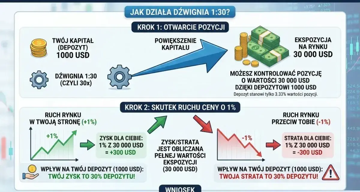 Dźwignia finansowa 1:30 na Forex. 1000 USD depozytu pozwala kontrolować pozycję 30 000 USD. Ruch ceny o 1% to 30% zysku lub straty depozytu.