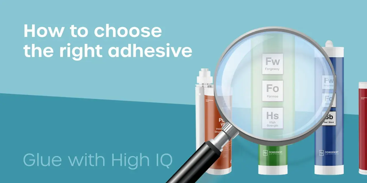 Magnifying glass over tubes of ForgeWay glue, highlighting options like "High Strength" and "Seal/Bond" for choosing the right acrylic glue.