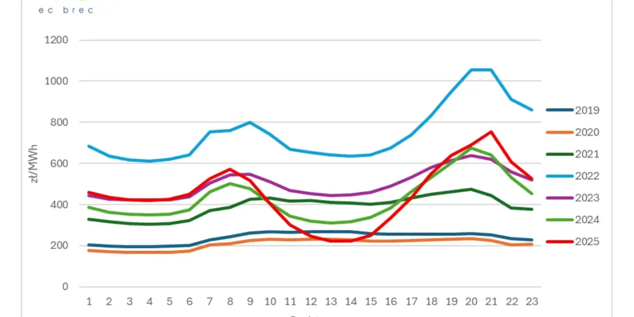 Wykres przedstawia średnie godzinowe ceny energii elektrycznej na giełdzie w latach 2019-2025, pokazując ich zmienność w ciągu doby.