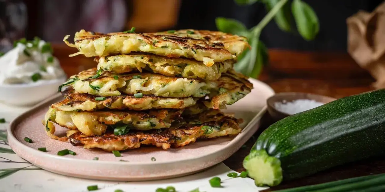 Stapel goldbrauner Zucchini Kartoffel Puffer, garniert mit Schnittlauch, neben frischem Zucchini und einer Schüssel Sauerrahm.
