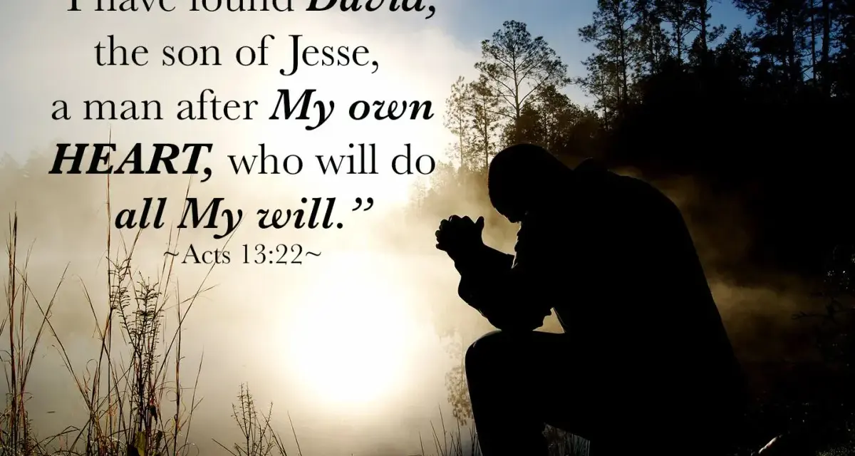 Silhouette of a man praying in a misty forest at sunrise, with text quoting Acts 13:22 about David, a man after God's own HEART.