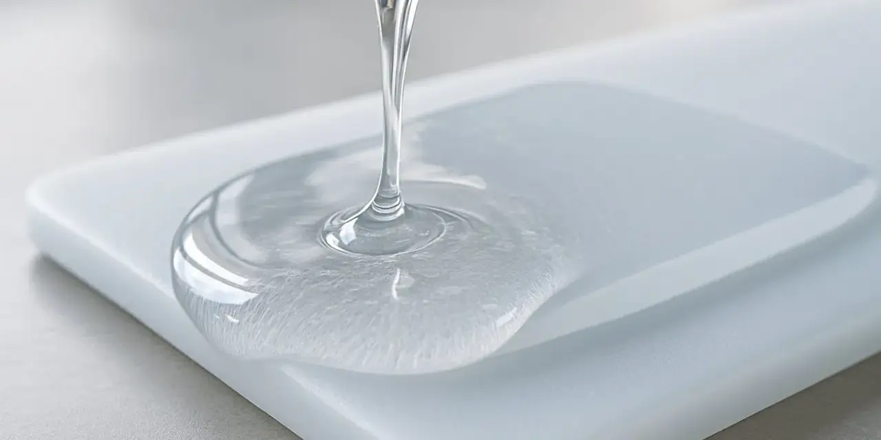 Clear resin pours onto a white acrylic surface, showing how does resin stick to acrylic.