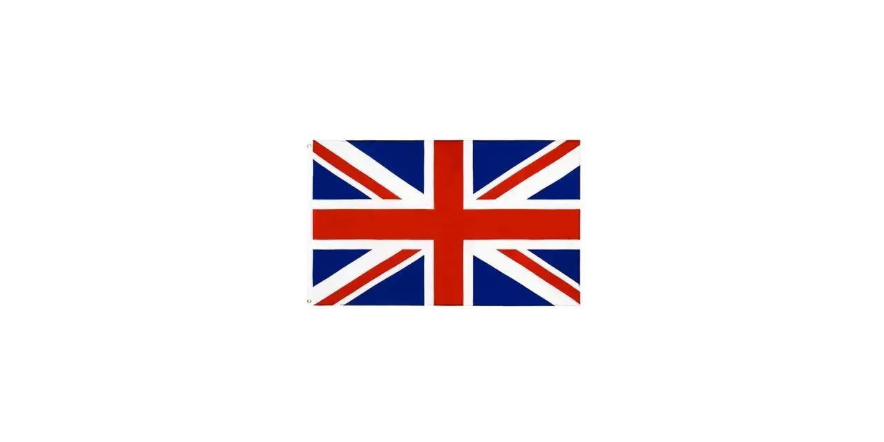 Flaga Wielkiej Brytanii: białe tło, na nim Union Jack z czerwonym krzyżem i białymi pasami na niebieskim tle.