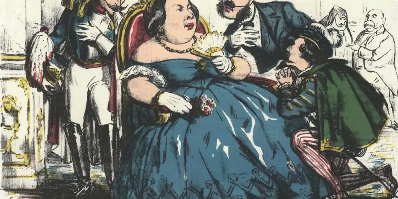 Caricatura del reinado de Isabel II: una reina obesa recibe pleitesía de cortesanos.