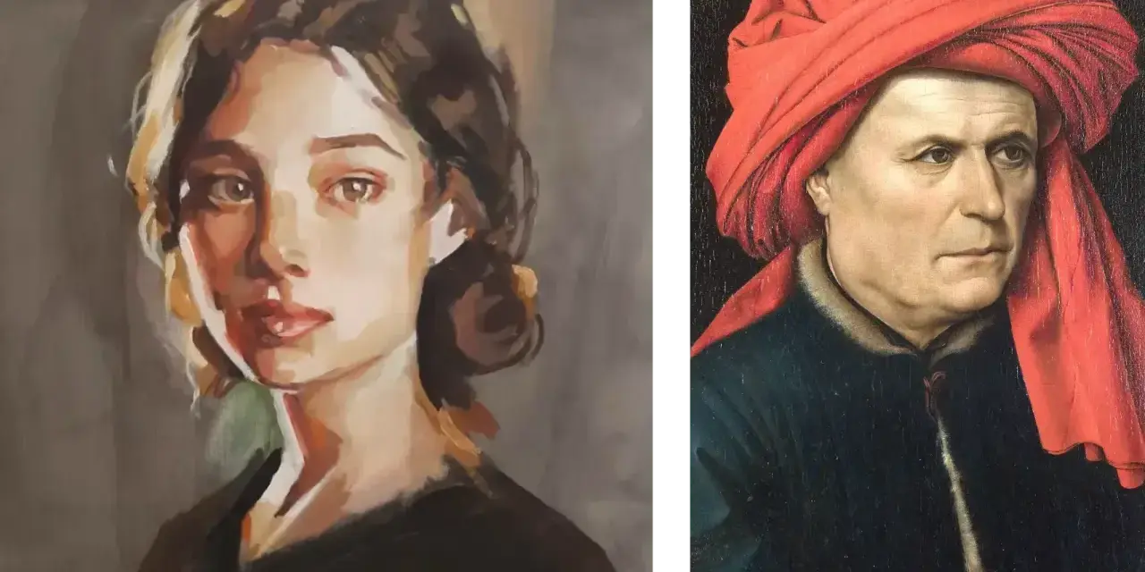 Portrait d'une jeune femme et d'un homme au turban rouge, deux peintures à l'huile ou acrylique juxtaposées.