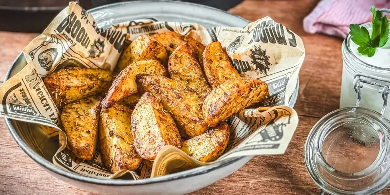 Knusprige Kartoffelecken aus dem Airfryer, serviert in einer Schüssel mit Zeitungspapier. Daneben ein Glas mit Dip und Kräutern.