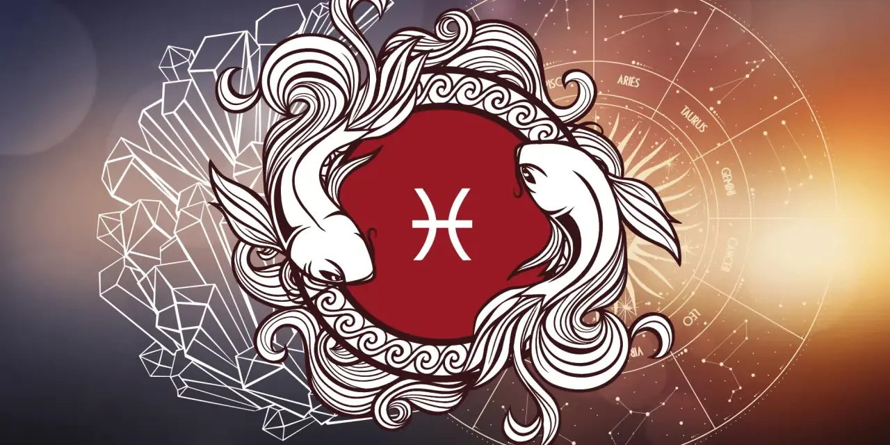 Znak zodiaku Ryby (od 19 lutego do 20 marca) symbolizowany przez dwie ryby w ozdobnej ramce, na tle koła zodiaku i kryształów.