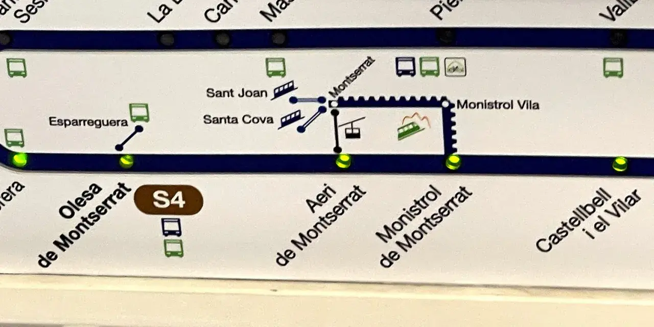 A train route map showing the S4 line with stations like Esparreguera, Montserrat, and Castellbell.