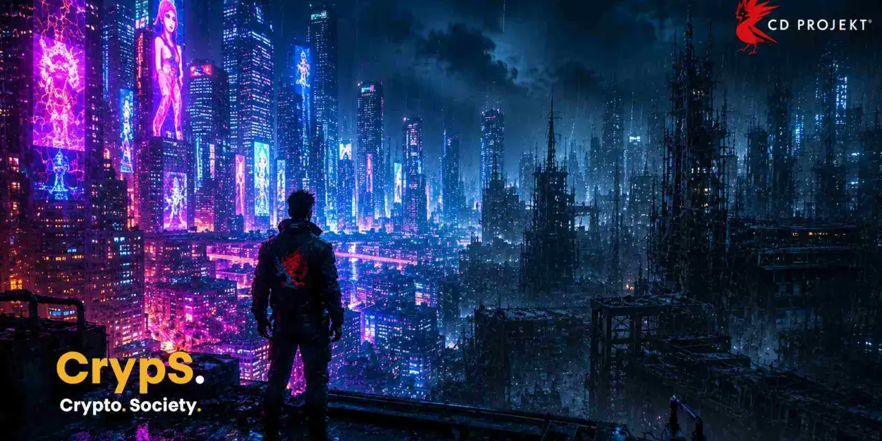 Mroczne, neonowe miasto w stylu cyberpunk 2. Postać patrzy na rozświetlone wieżowce.