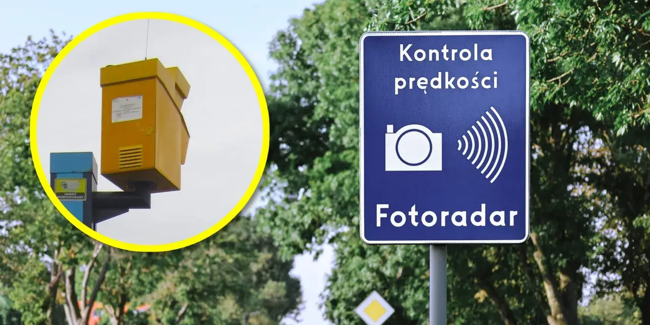 Żółty fotoradar na słupie, obok niebieskiej skrzynki z napisem "Obiekt monitorowany". Znak "Kontrola prędkości Fotoradar" ostrzega kierowców.