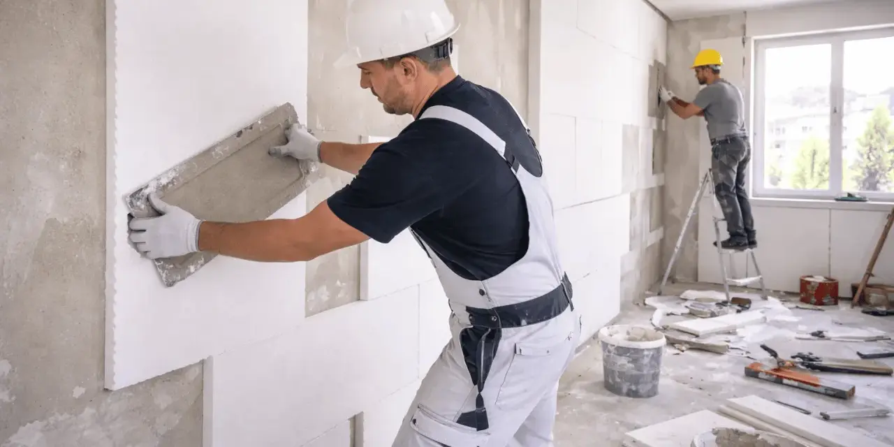 Operai al lavoro per i lavori di coibentazione, applicano pannelli isolanti su una parete interna.