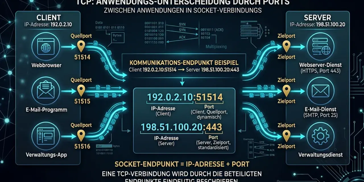 TCP nutzt Ports zur Unterscheidung von Anwendungen. Ein Socket-Endpunkt kombiniert IP-Adresse und Port, um eine TCP-Verbindung eindeutig zu beschreiben.