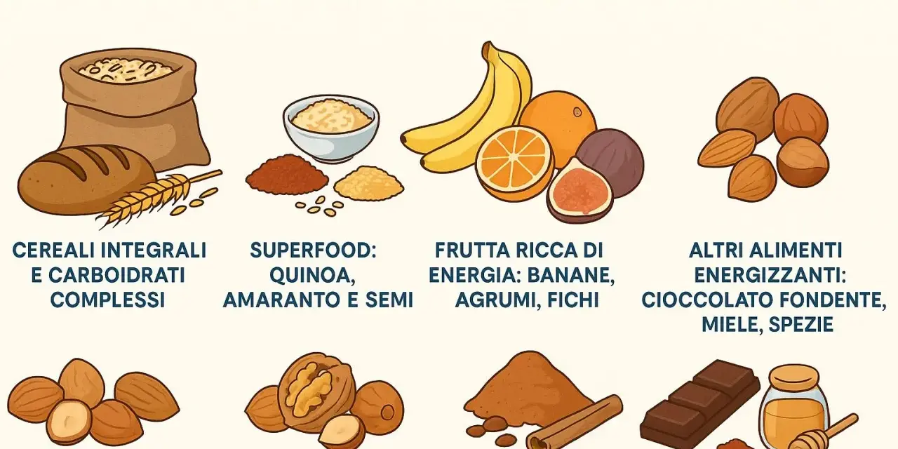 Cibi energetici per una dieta equilibrata, utili anche per chi soffre di ADHD: cereali, superfood, frutta, frutta secca, cioccolato, miele.