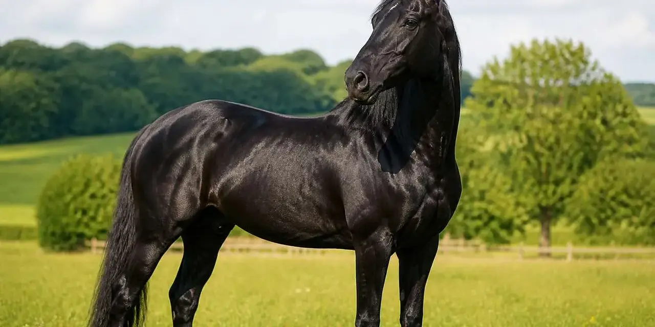 Magnifique cheval noir, digne d'un Jappeloup, se tient dans un pré verdoyant sous un ciel bleu.
