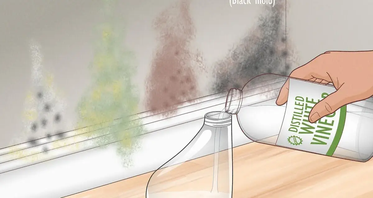 Learn how to get rid of mold by pouring white vinegar into a spray bottle. Different mold types like Aspergillus and black mold are shown on the wall.