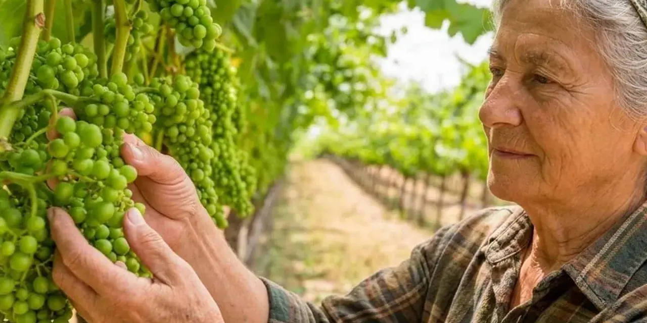 Donna anziana controlla i grappoli d'uva verde in vigna, seguendo il calendario trattamenti vigneto.