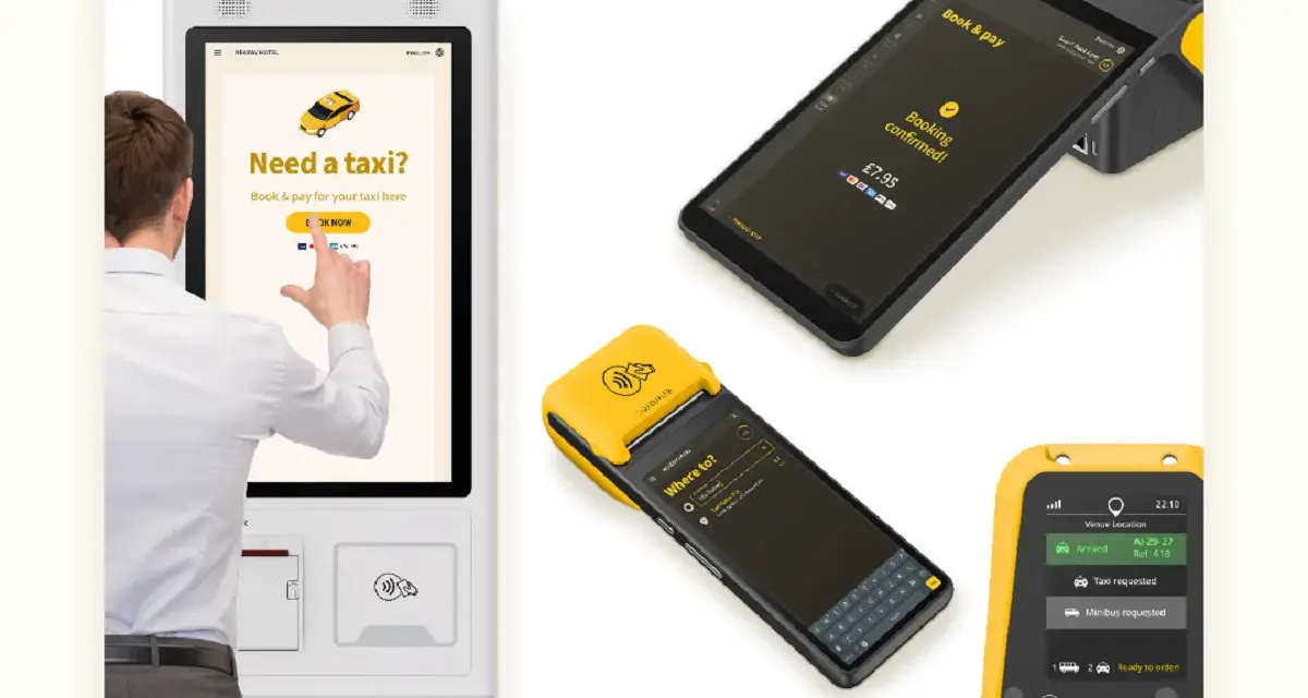 Mann bucht per Touchscreen einen Taxi-Butler. Mehrere Geräte zeigen Buchungsbestätigung und Taxi-Status.
