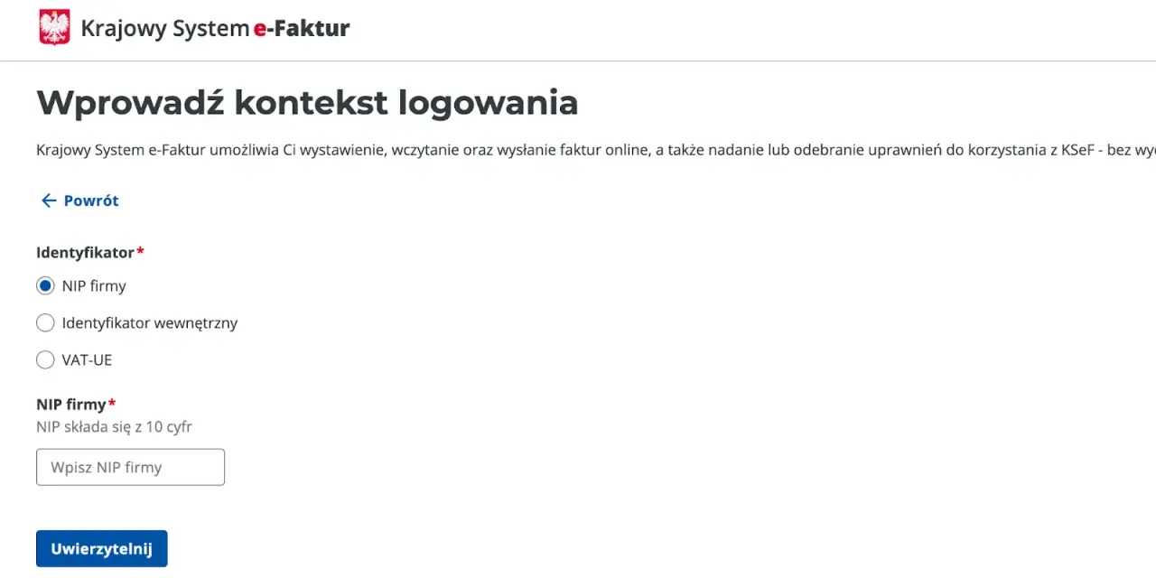 Formularz logowania do Krajowego Systemu e-Faktur. Wybierz identyfikator firmy, wpisz swój NIP i uwierzytelnij.