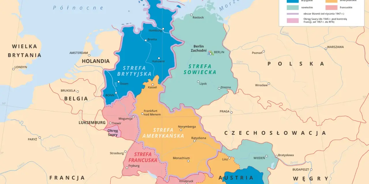 Niemcy i Austria podzielone na strefy: brytyjską, amerykańską, francuską i sowiecką. Różnice w podziale po II wojnie światowej.
