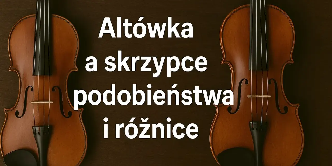 Dwa skrzypce i altówka, instrumenty smyczkowe, obok siebie. Tekst: "Altówka a skrzypce podobieństwa i różnice".