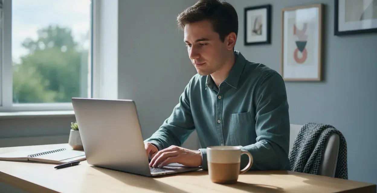 Mężczyzna pracuje na laptopie, przygotowując się do studiów magisterskich online. Na biurku notatnik i kubek kawy.