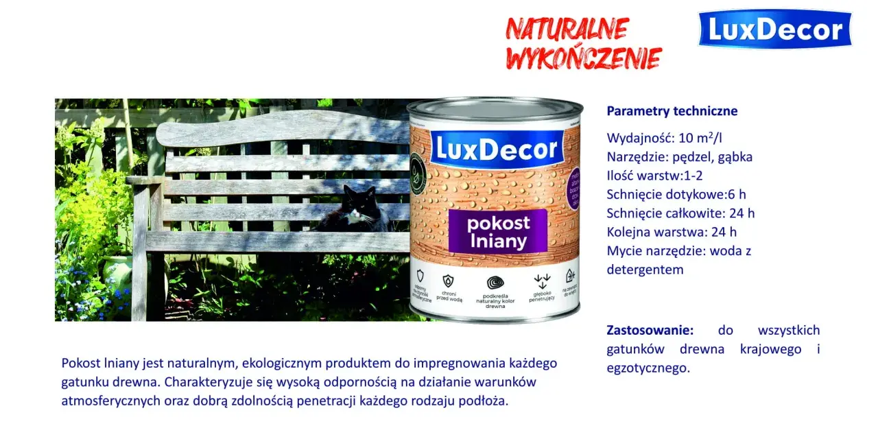 Czarny kot na ławce w ogrodzie obok puszki z napisem "pokost lniany" LuxDecor. Naturalne wykończenie drewna.