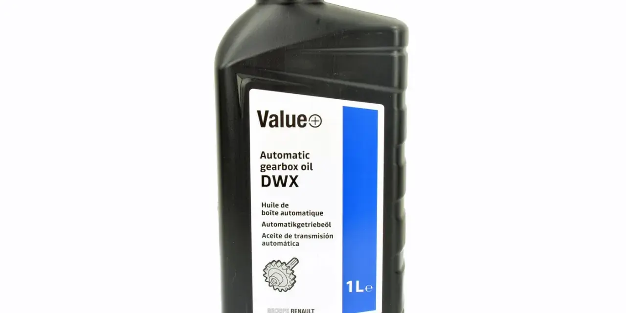 Czarna butelka oleju do automatycznej skrzyni biegów DWX 1L z etykietą Value i logo Renault.