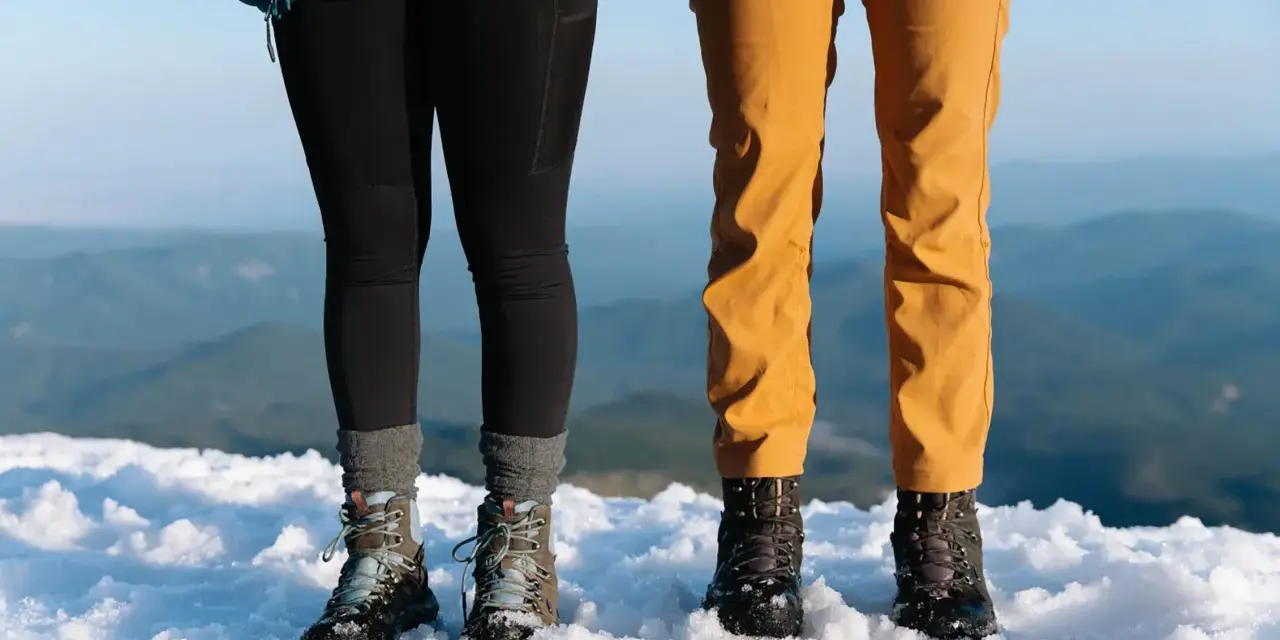 Dwie pary solidnych butów trekkingowych, niczym nowoczesne walonki, stoją na śniegu.