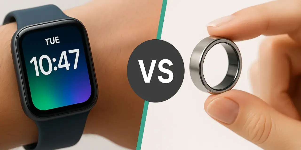 Eine Smartwatch am Handgelenk zeigt die Uhrzeit. Daneben hält eine Hand einen smarten Ring. Was ist eine Smartwatch?